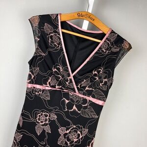 Vintage Y2K Dress Womens Large Black Pink Floral Bows Ribbon Coquette Romantic